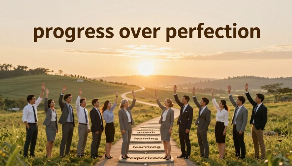 A serene landscape illustrating the theme of "progress over perfection." In the foreground, a diverse group of individuals in professional business attire celebrate small achievements, reflecting joy and teamwork. In the middle ground, a winding path represents the journey of personal growth, with stepping stones labeled with positive words like "growth," "learning," and "experience." The background features a sunrise symbolizing new beginnings and hope, casting a warm golden light over the scene. The atmosphere is uplifting and motivational, evoking a sense of community and shared purpose. Shot with a soft focus lens to enhance warmth and depth, this image captures the essence of embracing progress as an important asset in a longevity-focused mindset for "Living Life Journey." A serene landscape illustrating the theme of "progress over perfection." In the foreground, a diverse group of individuals in professional business attire celebrate small achievements, reflecting joy and teamwork. In the middle ground, a winding path represents the journey of personal growth, with stepping stones labeled with positive words like "growth," "learning," and "experience." The background features a sunrise symbolizing new beginnings and hope, casting a warm golden light over the scene. The atmosphere is uplifting and motivational, evoking a sense of community and shared purpose. Shot with a soft focus lens to enhance warmth and depth, this image captures the essence of embracing progress as an important asset in a longevity-focused mindset for "Living Life Journey."