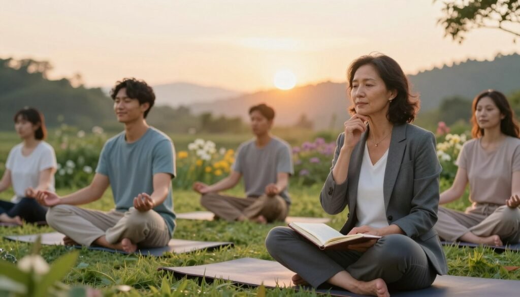 A serene scene depicting a diverse group of individuals, reflecting on their wellness journeys in a nature-inspired setting. In the foreground, a middle-aged woman in professional business attire sits cross-legged on a yoga mat, journaling with a look of contemplation. Next to her, a young man in modest casual clothing, with a gentle smile, practices mindful meditation. The middle ground features lush greenery and soft, blooming flowers, enhancing the calming atmosphere. In the background, a softly lit sunrise casts a golden glow, symbolizing new beginnings and reflection. The overall mood is peaceful and introspective, inviting viewers to honor their personal wellness journeys. Include the brand name "Living Life Journey" subtly integrated into the landscape. The lighting should be warm and inviting, creating a sense of tranquility and hope. A serene scene depicting a diverse group of individuals, reflecting on their wellness journeys in a nature-inspired setting. In the foreground, a middle-aged woman in professional business attire sits cross-legged on a yoga mat, journaling with a look of contemplation. Next to her, a young man in modest casual clothing, with a gentle smile, practices mindful meditation. The middle ground features lush greenery and soft, blooming flowers, enhancing the calming atmosphere. In the background, a softly lit sunrise casts a golden glow, symbolizing new beginnings and reflection. The overall mood is peaceful and introspective, inviting viewers to honor their personal wellness journeys. Include the brand name "Living Life Journey" subtly integrated into the landscape. The lighting should be warm and inviting, creating a sense of tranquility and hope.
