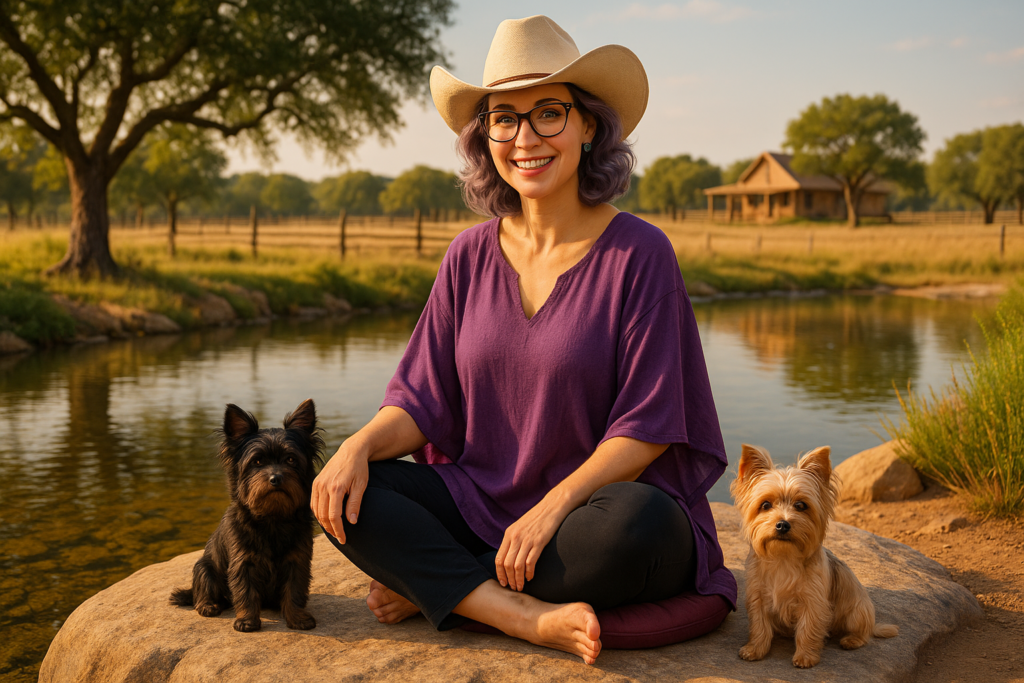 Babshi sitting peacefully in nature with two dogs, representing gentle wellness, resilience, and compassionate guidance.