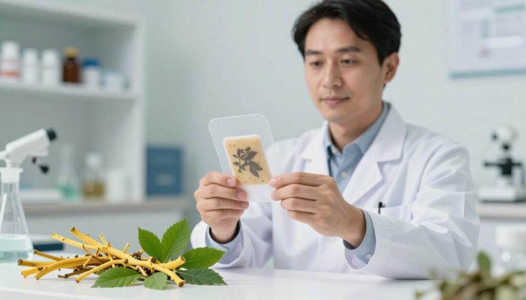 A serene and modern clinic setting, focused on an innovative patch used for metabolic support. In the foreground, a close-up of a sleek, translucent patch featuring natural ingredients like berberine, surrounded by fresh herbal elements such as a sprig of golden seal and a few vibrant green leaves. In the middle, a calm, professional figure dressed in a crisp white lab coat examines the patch with a thoughtful expression, symbolizing research and development in metabolic therapy. The background includes soft, diffuse lighting, emphasizing a clean and inviting atmosphere, with shelves of herbal supplements and scientific equipment subtly in view. The mood conveys hope and progress in health and wellness through natural solutions. A serene and modern clinic setting, focused on an innovative patch used for metabolic support. In the foreground, a close-up of a sleek, translucent patch featuring natural ingredients like berberine, surrounded by fresh herbal elements such as a sprig of golden seal and a few vibrant green leaves. In the middle, a calm, professional figure dressed in a crisp white lab coat examines the patch with a thoughtful expression, symbolizing research and development in metabolic therapy. The background includes soft, diffuse lighting, emphasizing a clean and inviting atmosphere, with shelves of herbal supplements and scientific equipment subtly in view. The mood conveys hope and progress in health and wellness through natural solutions.
