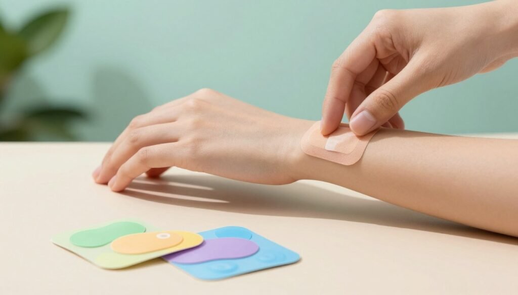 A set of sleek, modern transdermal patches for weight loss elegantly displayed on a minimalist surface. In the foreground, showcase three distinct patches, featuring vibrant colors and sleek shapes, highlighting their adhesive backing and innovative design. In the middle ground, include a hand gently placing a patch on a neutral skin tone, depicting the practical use. The background should be softly blurred to emphasize a tranquil, health-focused atmosphere, adorned with calming colors like soft greens and blues. The lighting is bright but soft, casting gentle shadows to create depth. The overall mood should evoke a sense of wellness and modernity, conveying hope and effectiveness in weight management solutions. A set of sleek, modern transdermal patches for weight loss elegantly displayed on a minimalist surface. In the foreground, showcase three distinct patches, featuring vibrant colors and sleek shapes, highlighting their adhesive backing and innovative design. In the middle ground, include a hand gently placing a patch on a neutral skin tone, depicting the practical use. The background should be softly blurred to emphasize a tranquil, health-focused atmosphere, adorned with calming colors like soft greens and blues. The lighting is bright but soft, casting gentle shadows to create depth. The overall mood should evoke a sense of wellness and modernity, conveying hope and effectiveness in weight management solutions.