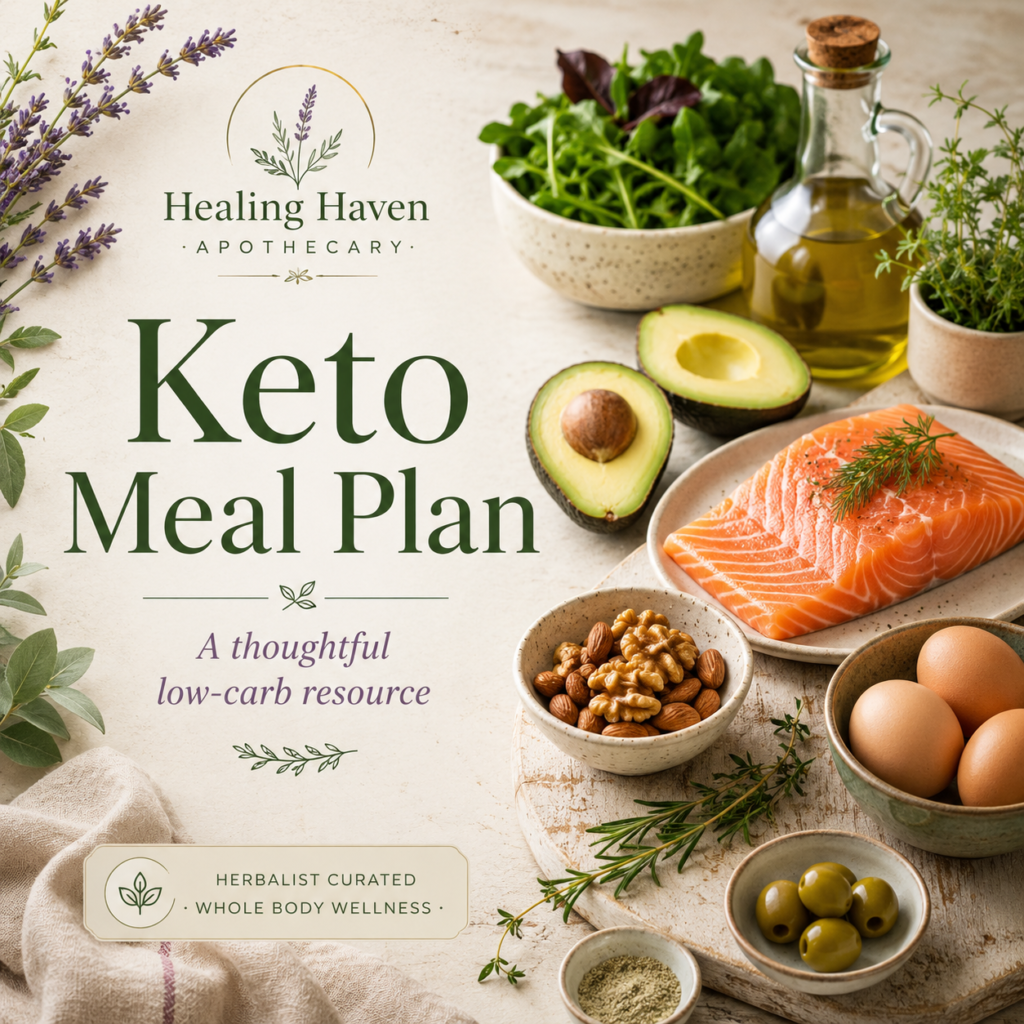 Keto meal plan with salmon, avocado, eggs, vegetables and a 30-day meal-planning guide