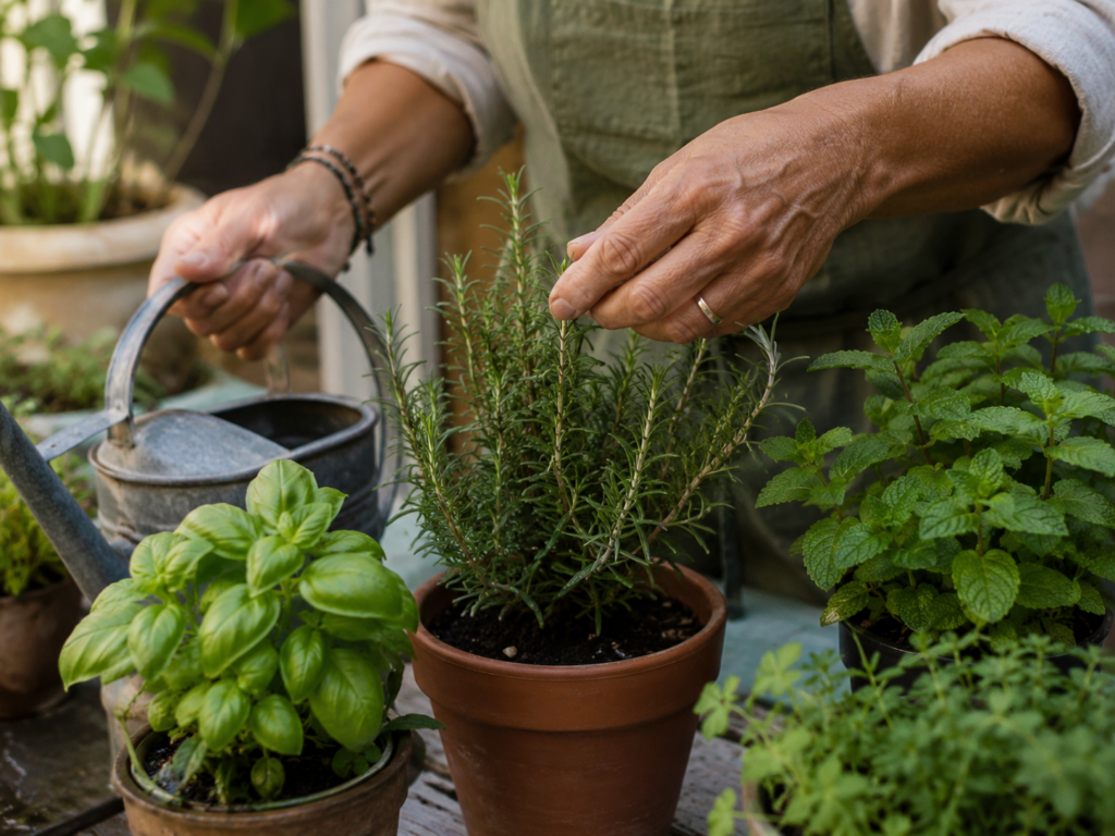 Hands tending fresh herbs as part of a simple daily wellness routine.