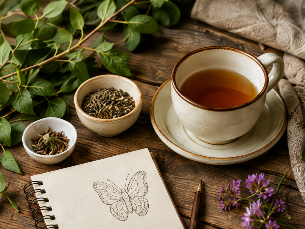 Stoneware cup with tea and herbs on wooden table