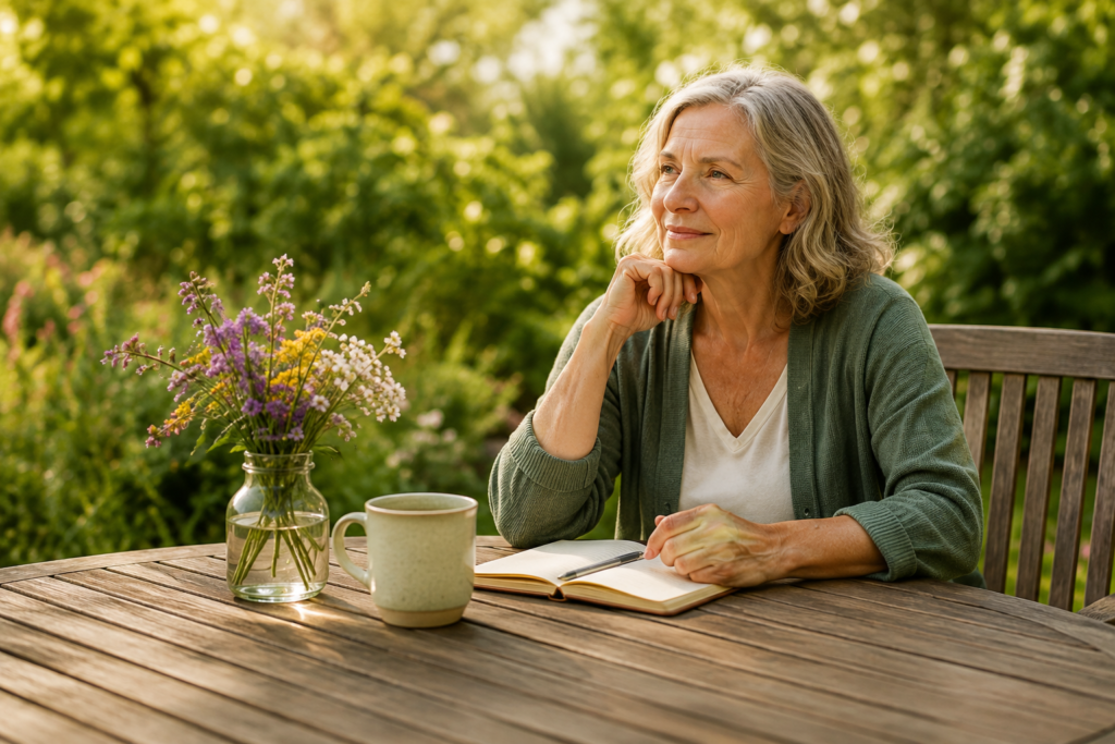 Mature woman thoughtfully planning a whole-person natural wellness routine.