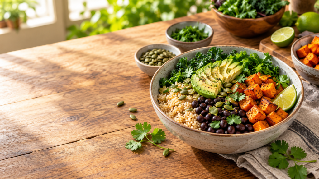“Plant-based grain bowl with black beans, roasted sweet potato, avocado, greens, and lime on a kitchen table.”