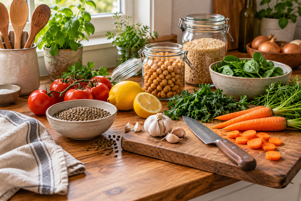 “Lentils, chickpeas, rice, vegetables, and herbs arranged for plant-based meal preparation.”