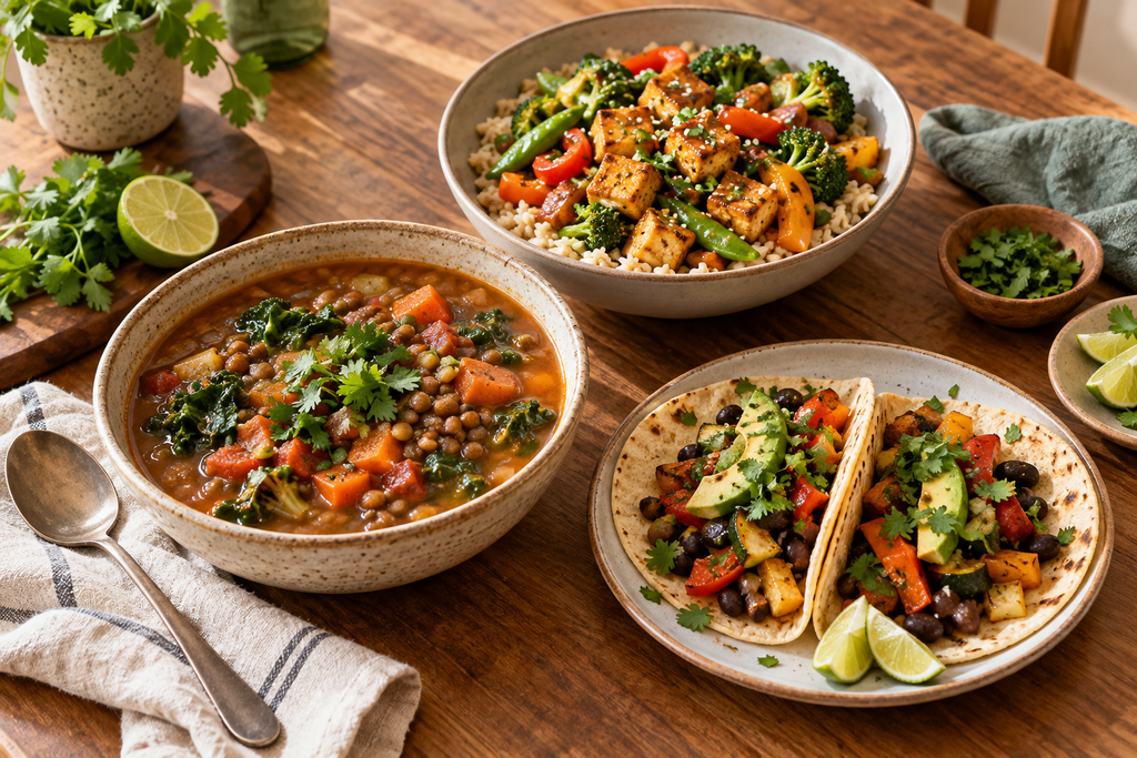 “Three plant-based dinner ideas: lentil soup, black bean tacos, and tofu vegetable stir-fry.”